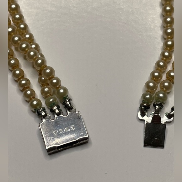 16” Vintage Sterling Silver Three Strand Faux Pearl Necklace - Picture 3 of 4